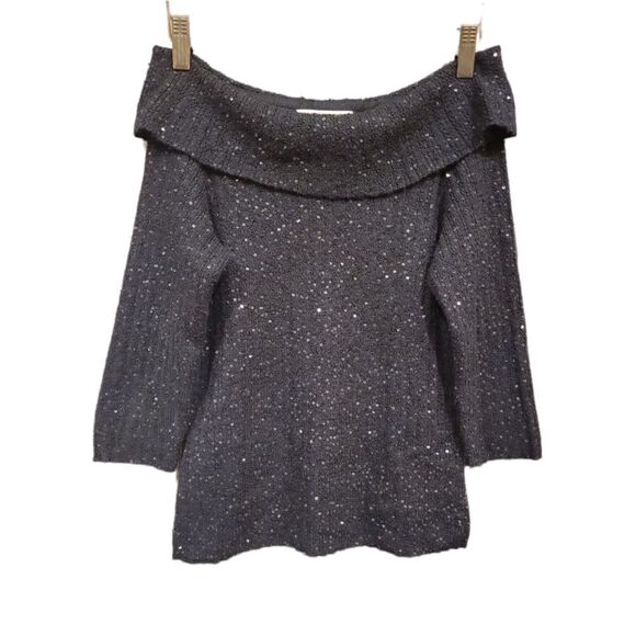 Vie By Victoria Royal Black Sequin Off the Shoulder Wool Silk Sweater M - Picture 2 of 8